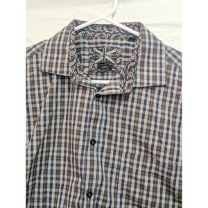 Soul‎ of London Shirt Mens L Brown Blue Plaid Button Up Long Sleeve Cuff Paisley